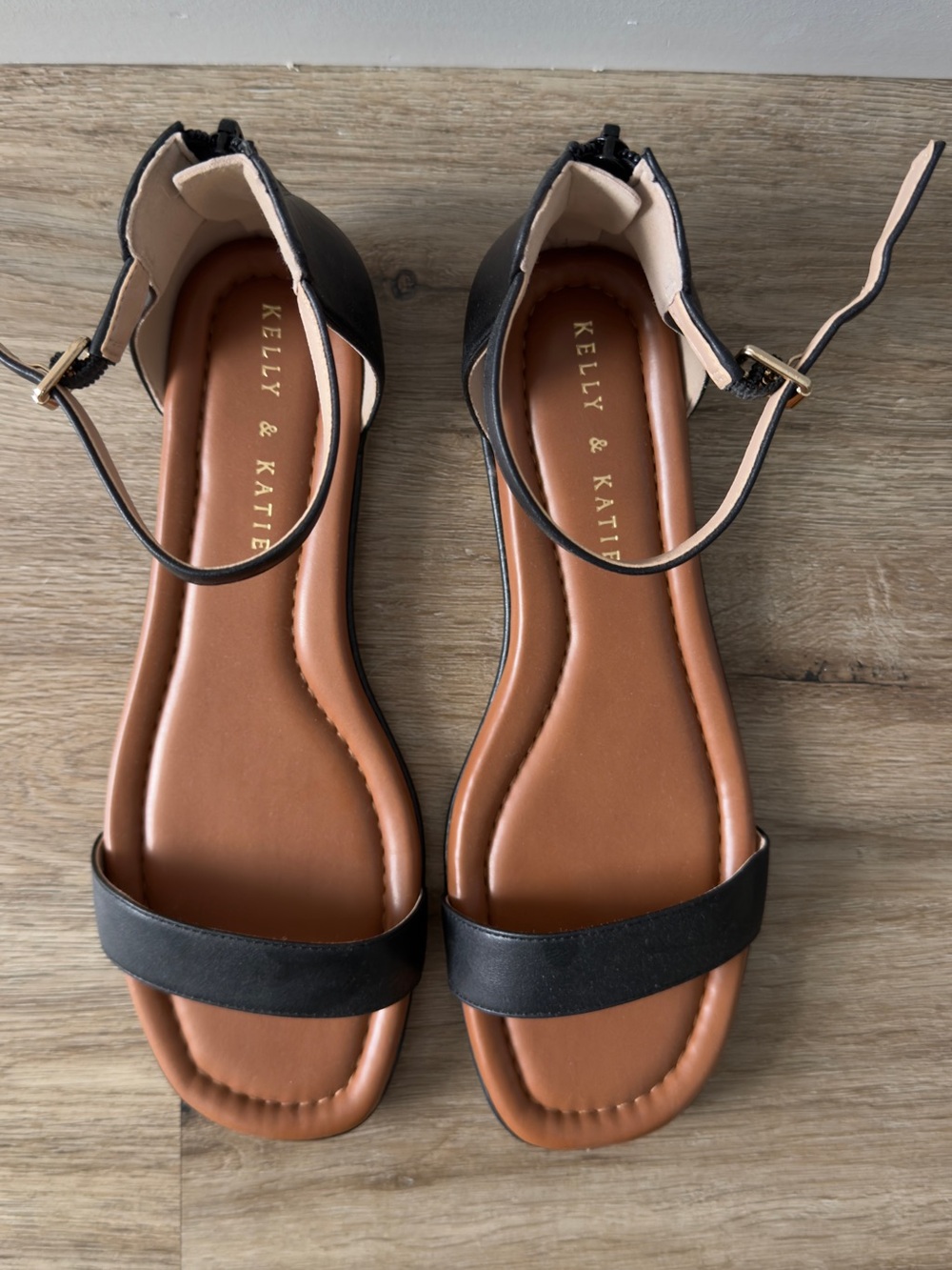 Kelly & Katie Black and Tan Ankle-Strap Flat Sandals